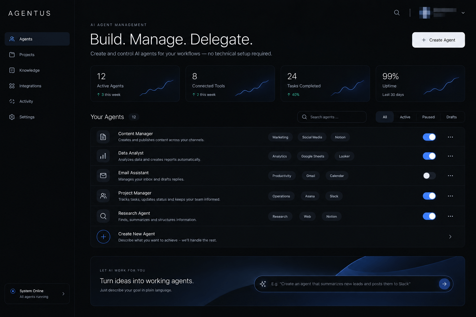 Illustrative interface: an AI agent management console listing agents, their connected tools and their run state.