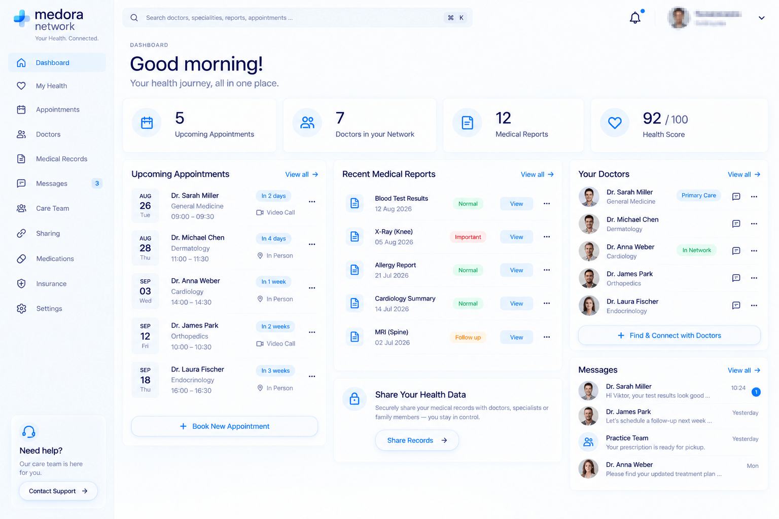 Interface: a patient health portal with upcoming appointments, recent medical reports and the patient's own doctors.
