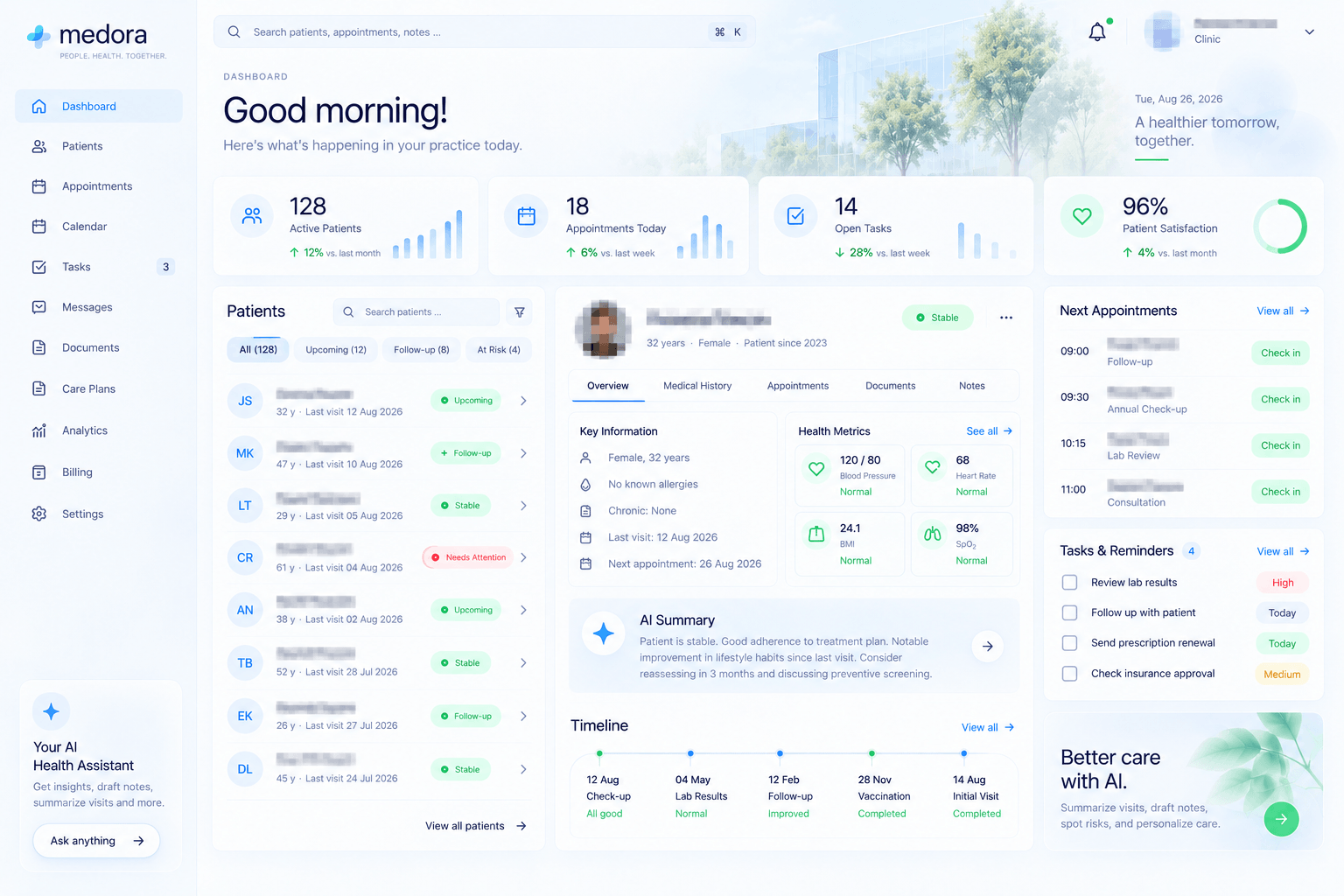 Illustrative interface: a clinical practice dashboard with a patient list, a single patient record and the day's appointments.