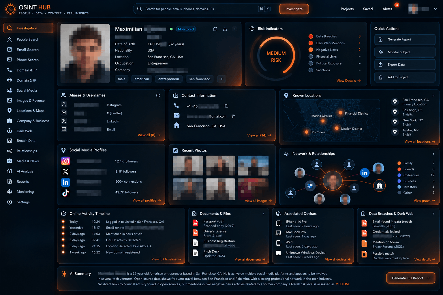 Illustrative interface: an open-source research workspace showing a subject profile, linked sources and an activity timeline.